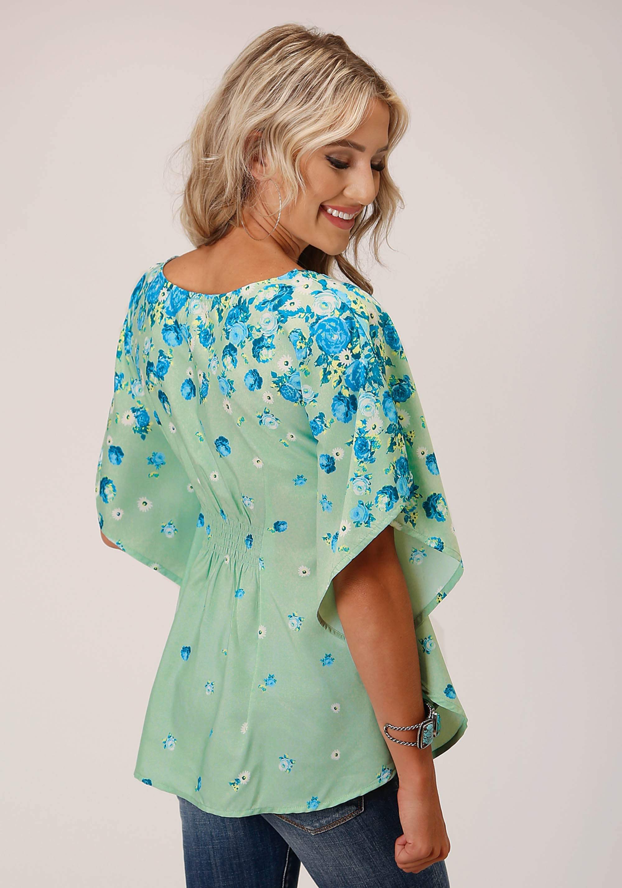 Roper Womens Short Sleeve Summer Floral Brdr Print Amer Crepe Blouse - Roper - Flyclothing LLC