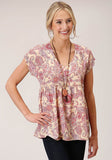 Roper Womens Short Sleeve Spring Paisley Print Poly Crepe Blouse - Roper