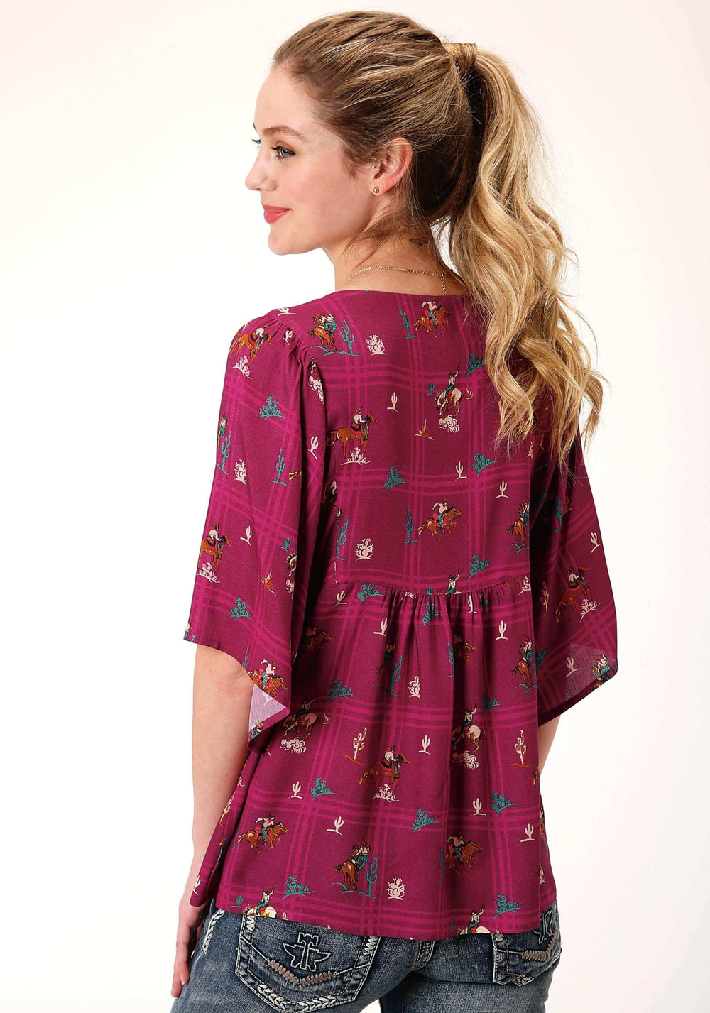 Roper Womens Red Retro Cowboys Print Short Sleeve Western Shirt - Roper - Flyclothing LLC