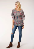 Roper Womens Short Sleeve Sage Paisley Print Rayon Blouse - Roper
