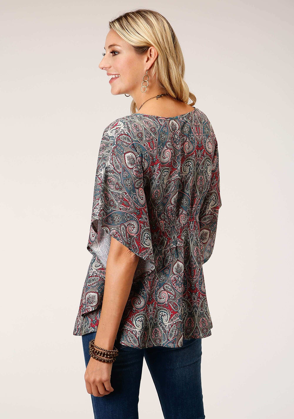Roper Womens Short Sleeve Sage Paisley Print Rayon Blouse - Roper - Flyclothing LLC