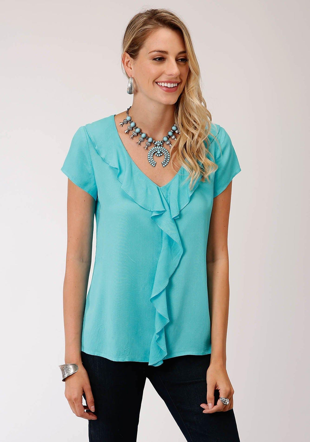 Roper Womens Solid Turqoise  Short Sleeve Western Shirt - Roper