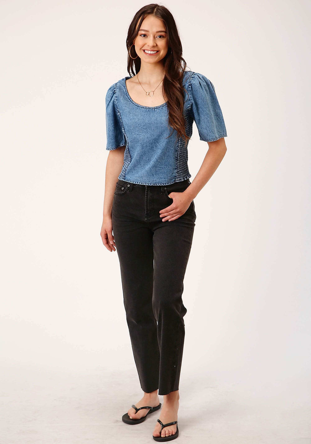 Roper Womens Short Sleeve Medium Blue Short Sleeve Denim Blouse - Roper - Flyclothing LLC