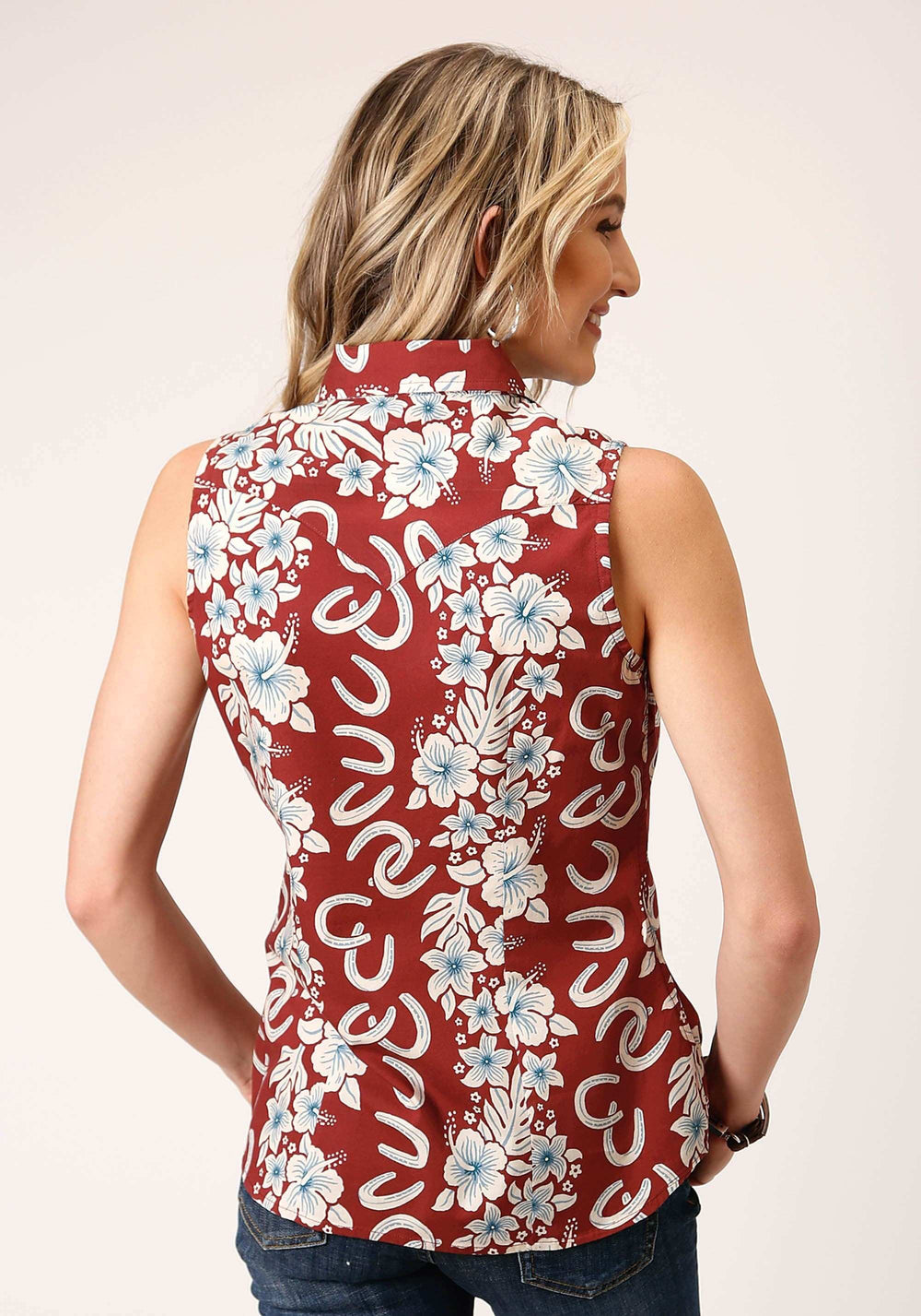 Roper Womens Sleeveless Snap Hawaiian Horseshoes Print Western Shirt - Roper - Flyclothing LLC