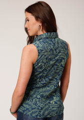Roper Womens Sleeveless Snap Lucky Tropical Print Western Shirt