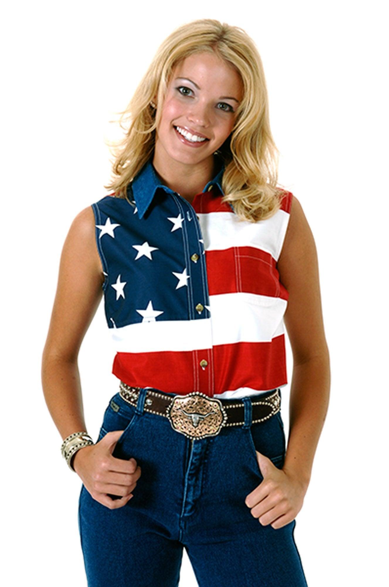 ROPER WOMENS RED WHITE AND BLUE STARS AND STRIPES PIECED AMERICAN FLAG LONG SLEEVELESS WESTERN SNAP SHIRT - Flyclothing LLC