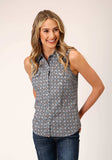 Roper Womens Sleeveless Snap Silver Foulard Western Shirt - Roper