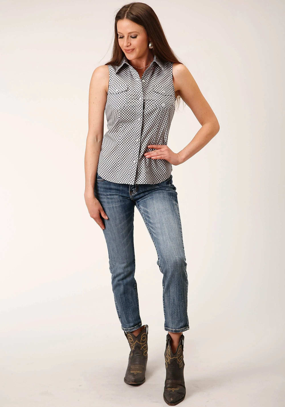 Roper Womens Sleeveless Snap Diamond Star Geo Grey Western Shirt - Roper - Flyclothing LLC