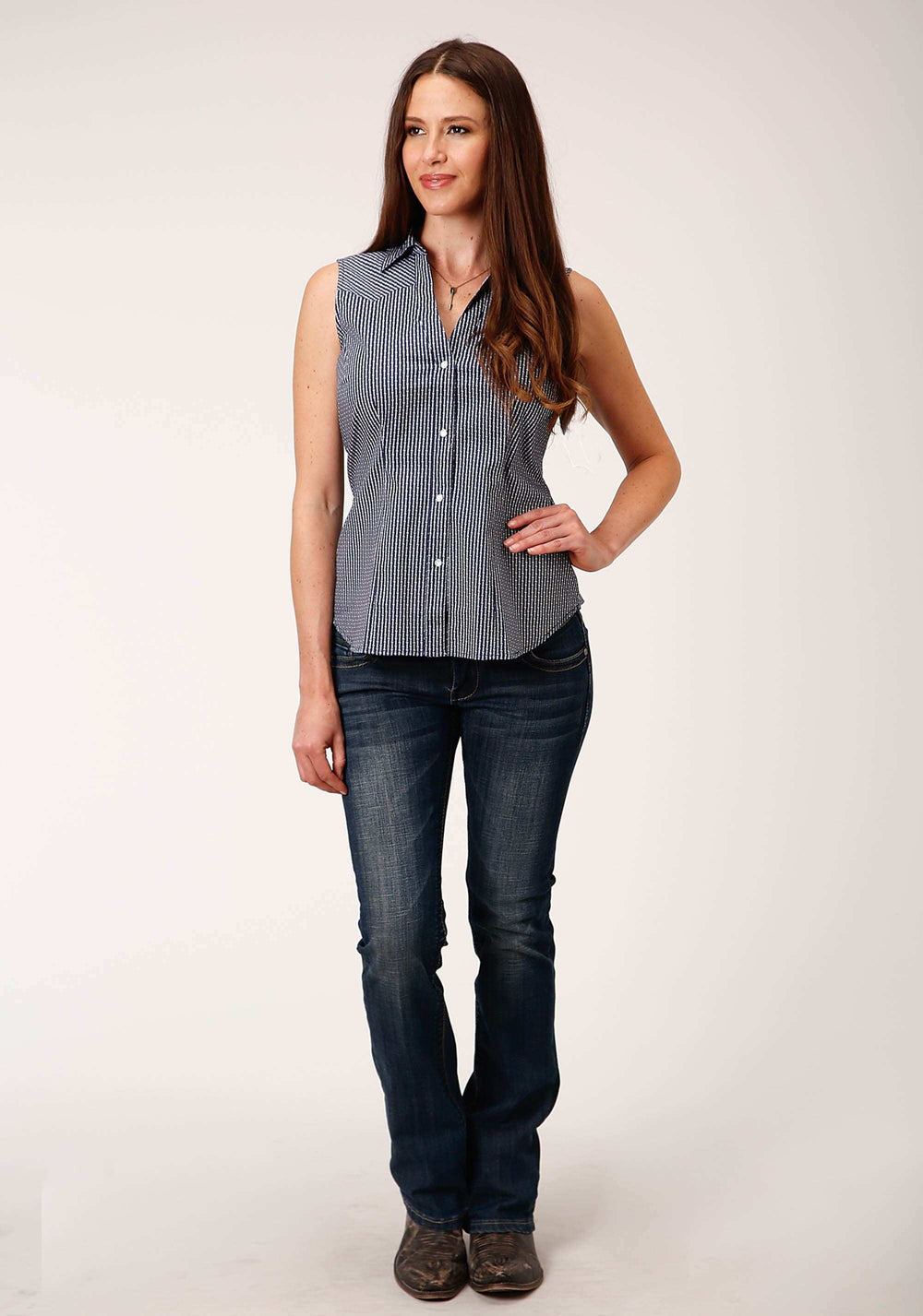 Roper Womens Sleeveless Snap Arrow Roper Print Navy Western Shirt - Roper - Flyclothing LLC