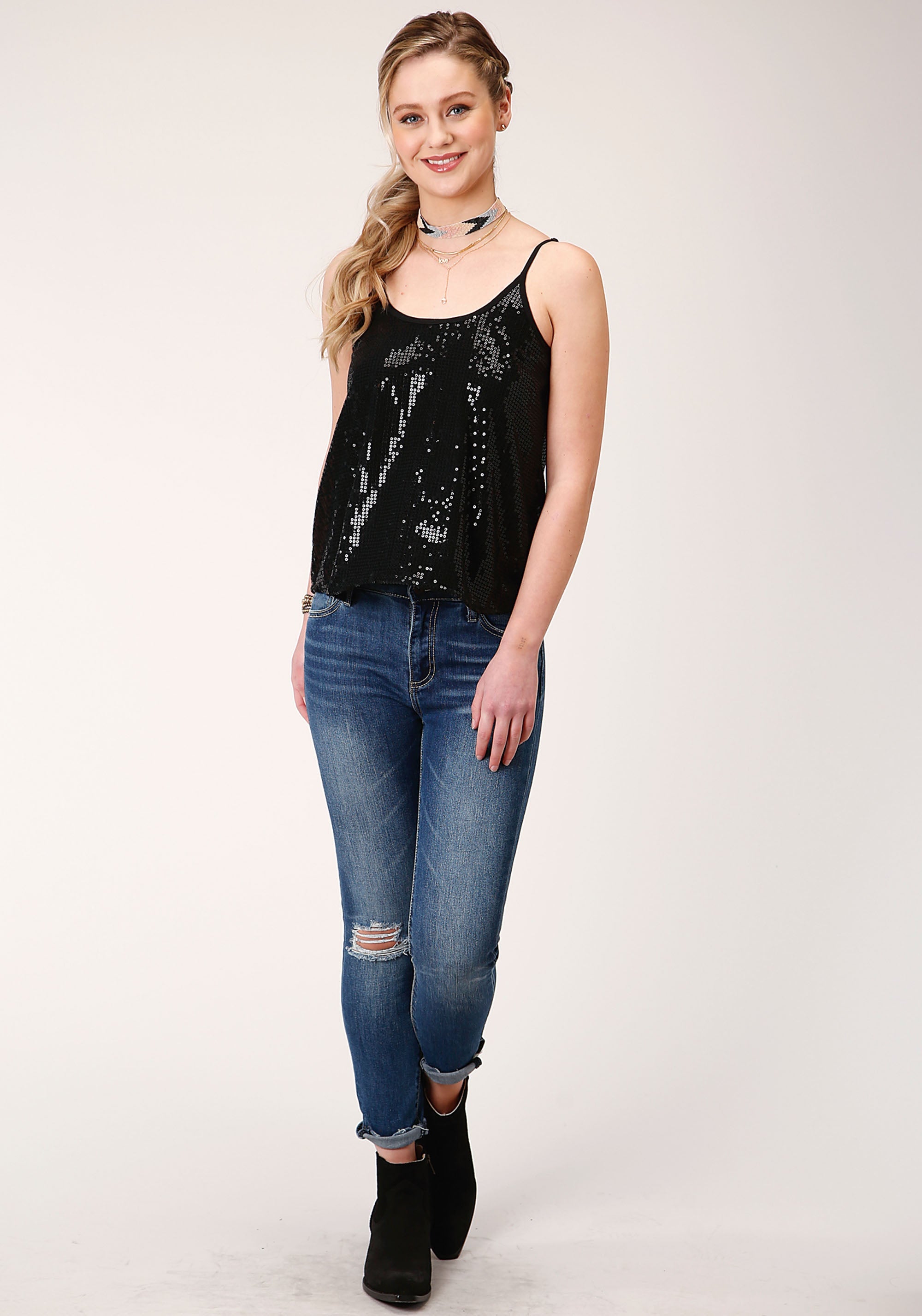Roper Womens Sleeveless Solid Black Sequin Cami Blouse