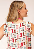 Roper Womens Sleeveless Boot Print Rayon Ruffle Slv Tank Blouse - Roper