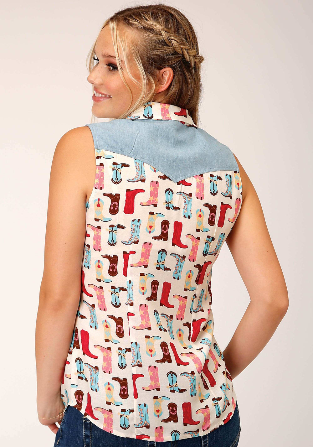 Roper Womens Sleeveless Boot Print Rayon Slvls Western Top Blouse - Roper - Flyclothing LLC