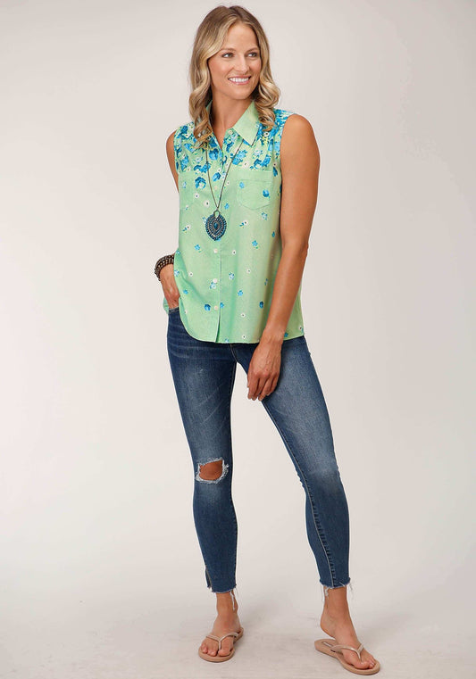 Roper Womens Sleeveless Summer Floral Brdr Print Amer Crepe Blouse - Roper - Flyclothing LLC