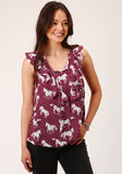 Roper Womens Sleeveless Horse Print Rayon Slvls Blouse - Roper
