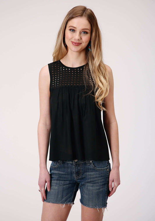 Roper Womens Sleeveless Solid Rayon Tank W Eyelet Bodice Blouse - Roper - Flyclothing LLC