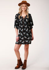 Roper Womens Short Sleeve Wild Horse Print Rayon Dress