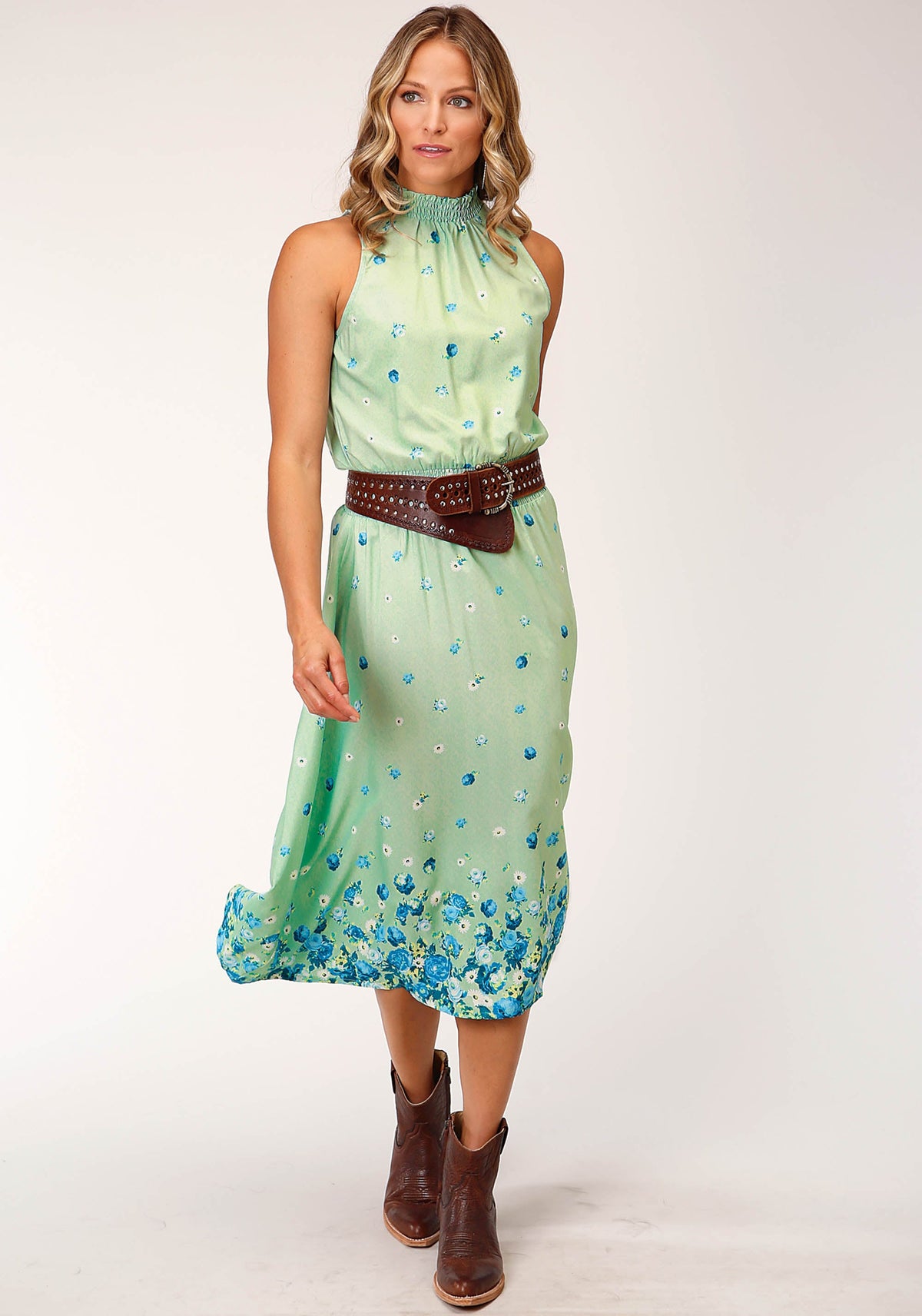 Roper Womens Sleeveless Summer Floral Brorder Print Amer Crepe Dress