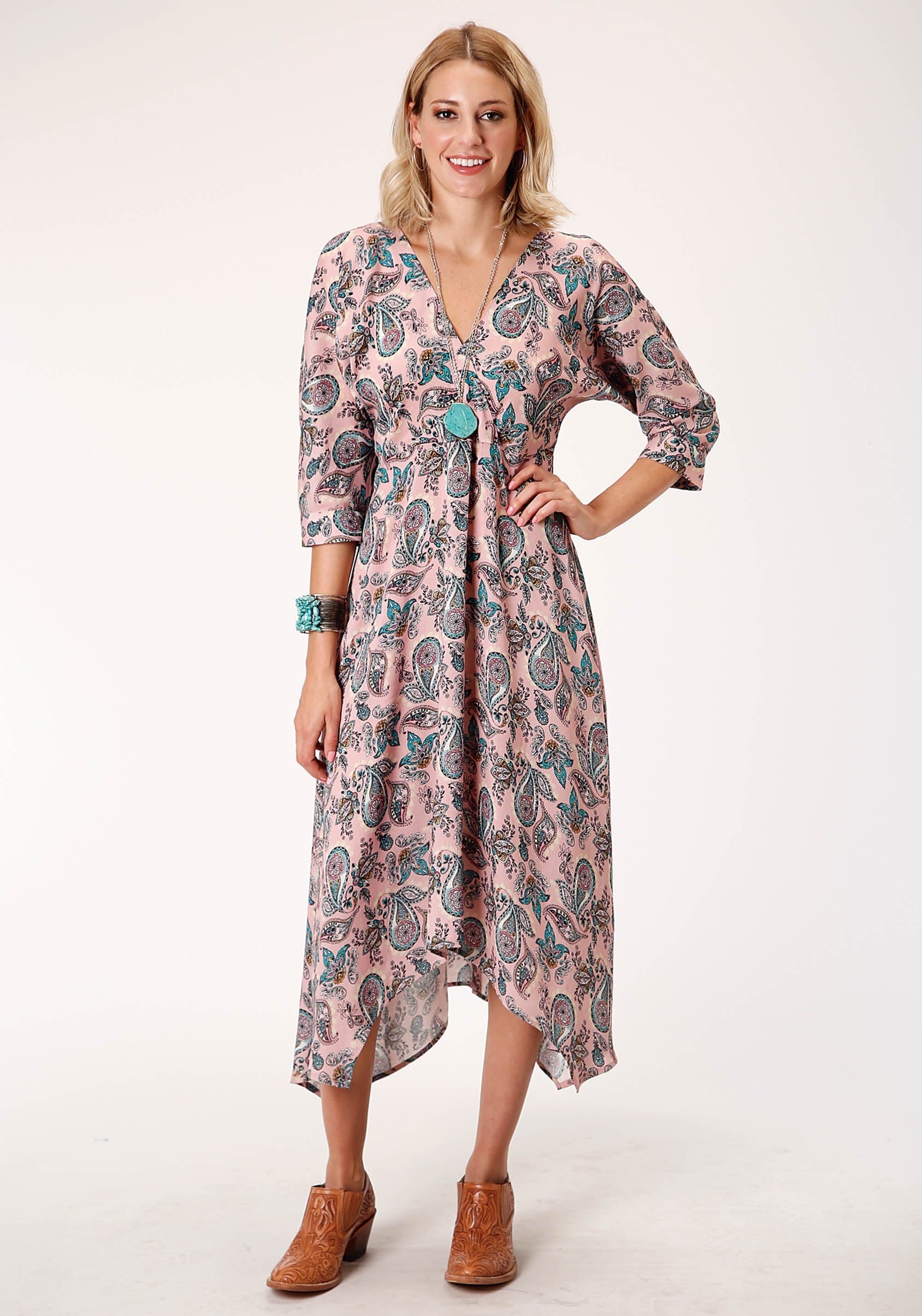 Roper Womens Short Sleeve Pink Paisley Print Rayon Challis Dress - Roper