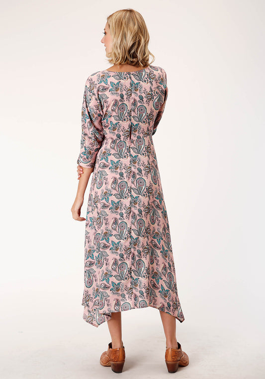Roper Womens Short Sleeve Pink Paisley Print Rayon Challis Dress