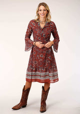 Roper Womens Long Sleeve Rust Floral Border Print Wrap Dress - Roper - Flyclothing LLC