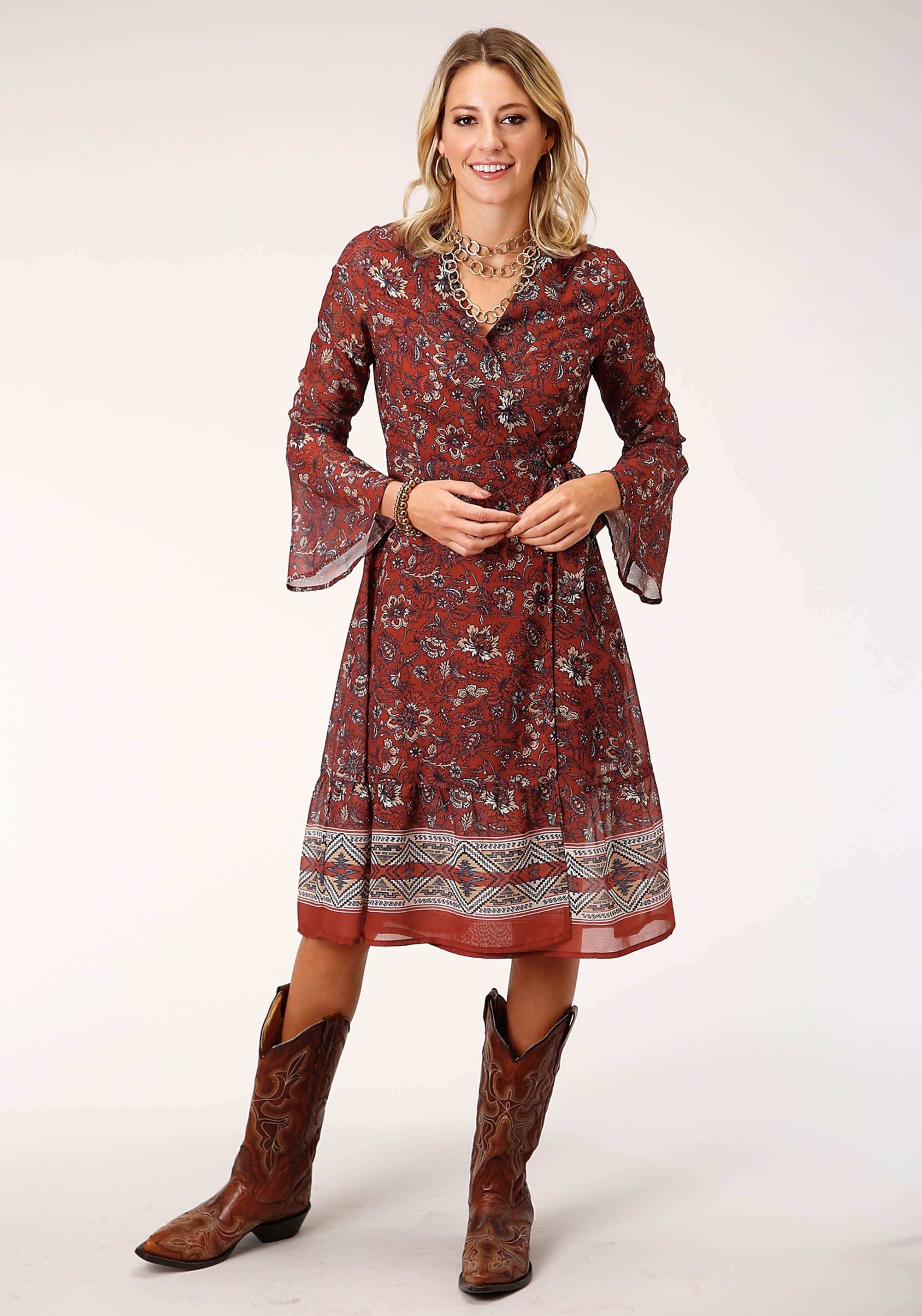 Roper Womens Long Sleeve Rust Floral Border Print Wrap Dress - Roper - Flyclothing LLC