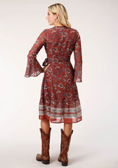 Roper Womens Long Sleeve Rust Floral Border Print Wrap Dress - Roper