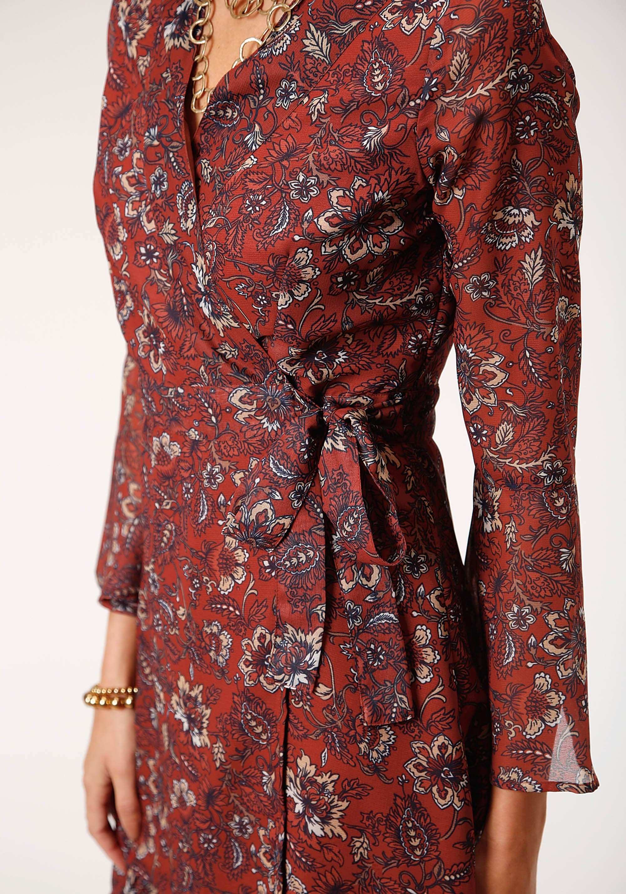 Roper Womens Long Sleeve Rust Floral Border Print Wrap Dress - Roper - Flyclothing LLC