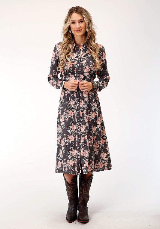 Roper Womens Long Sleeve Coral Floral Print Western Dress - Roper