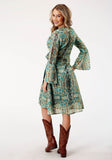 Roper Womens Long Sleeve Poly Teal Snake Print Wrap Dress - Roper