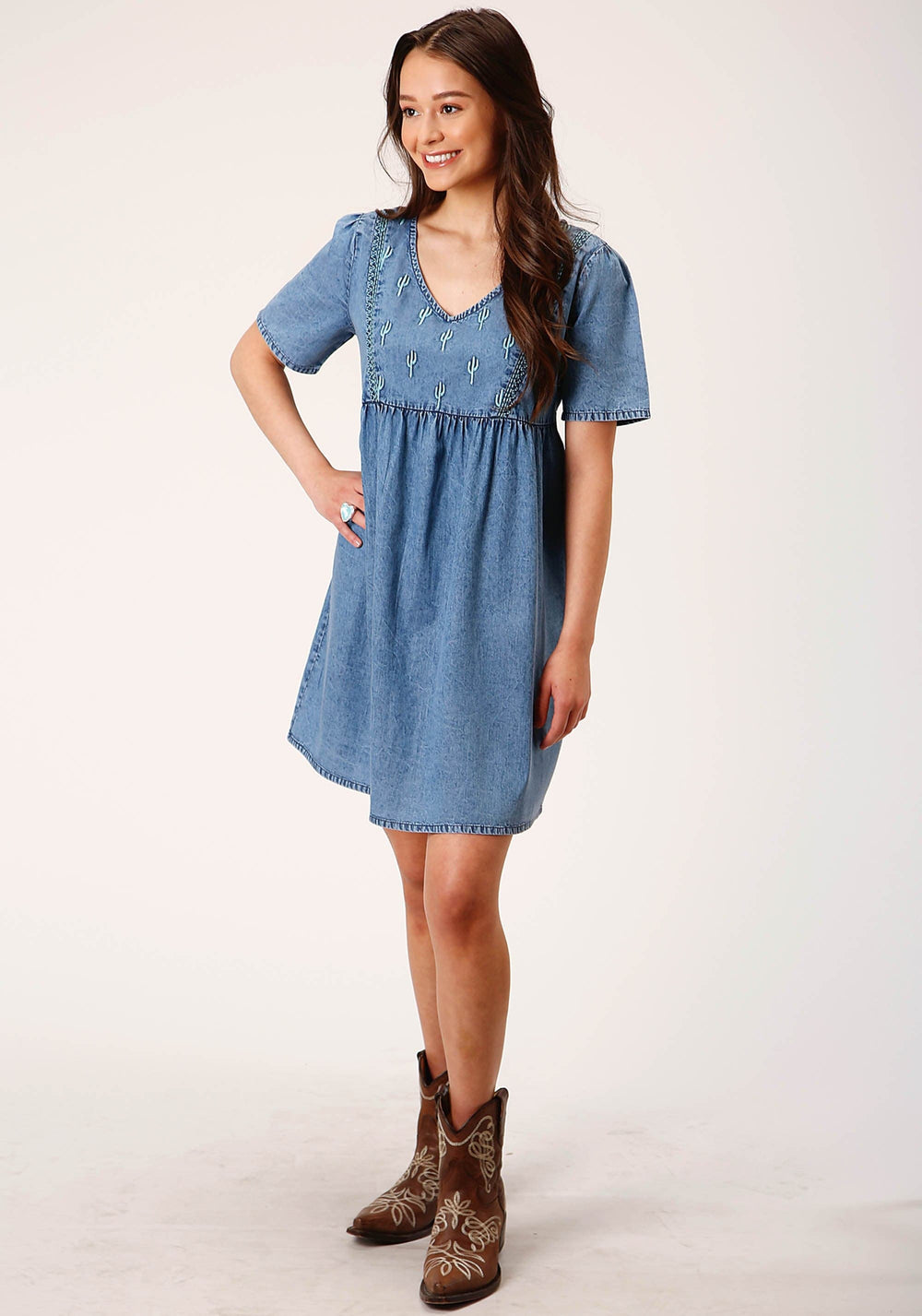 Roper Womens Short Sleeve Medium Blue Denim Dress - Roper