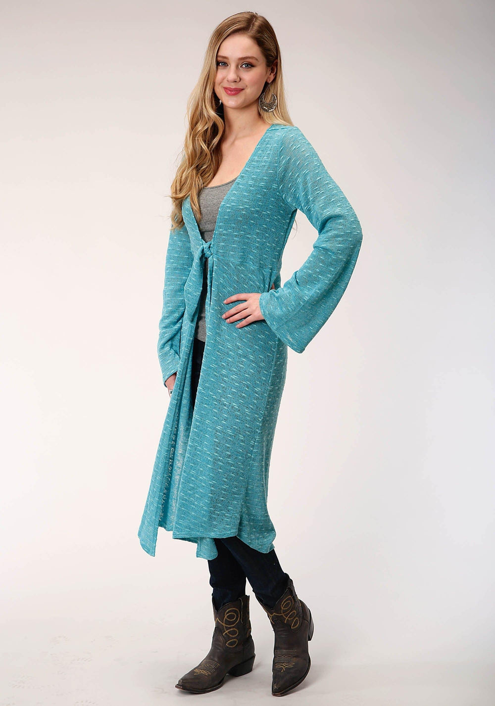 Roper Womens Teal Sweater Knit Long Sleeve Cardigan - Roper
