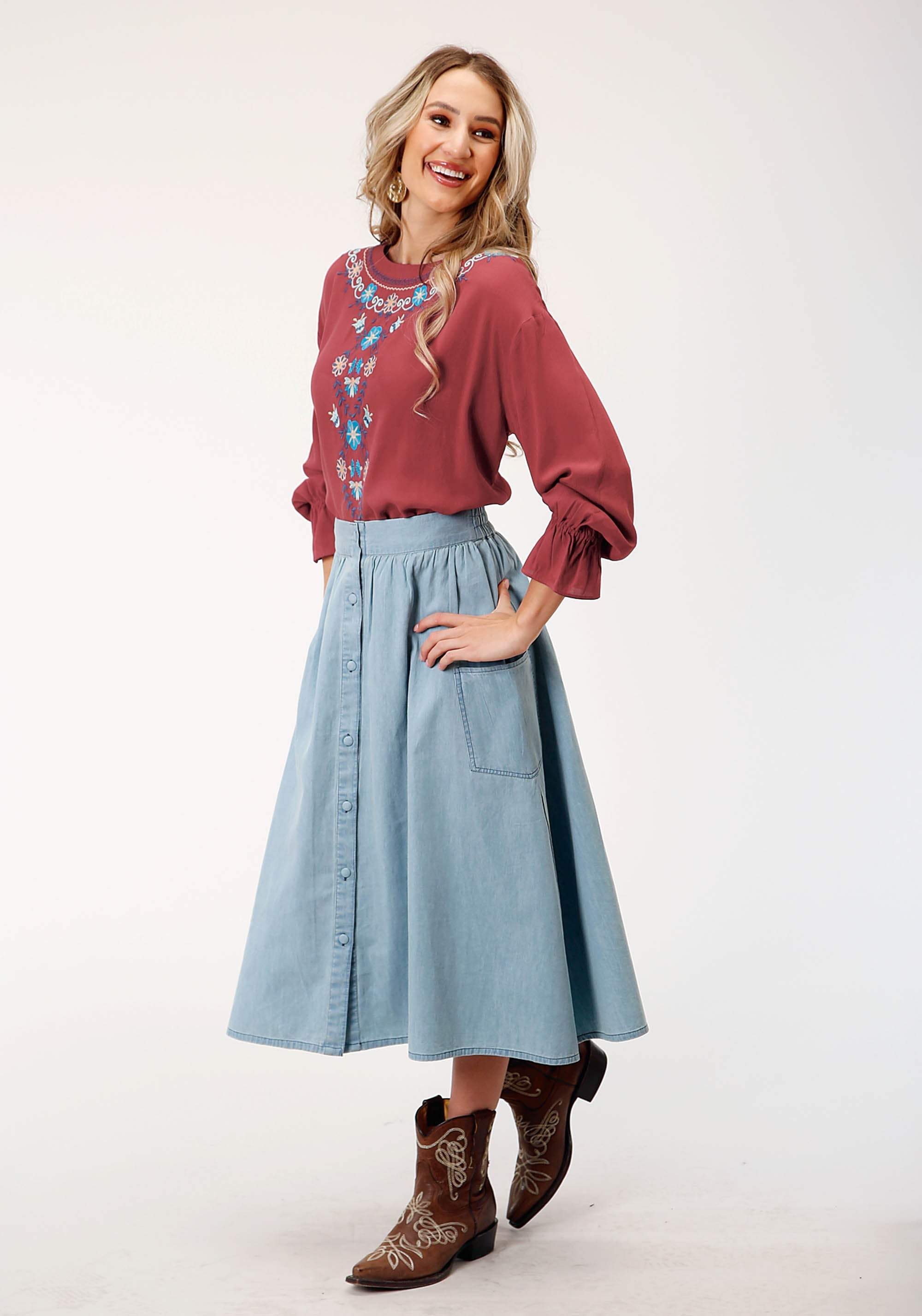 Roper Womens Light Blue Denim Long Denim Skirt - Roper - Flyclothing LLC
