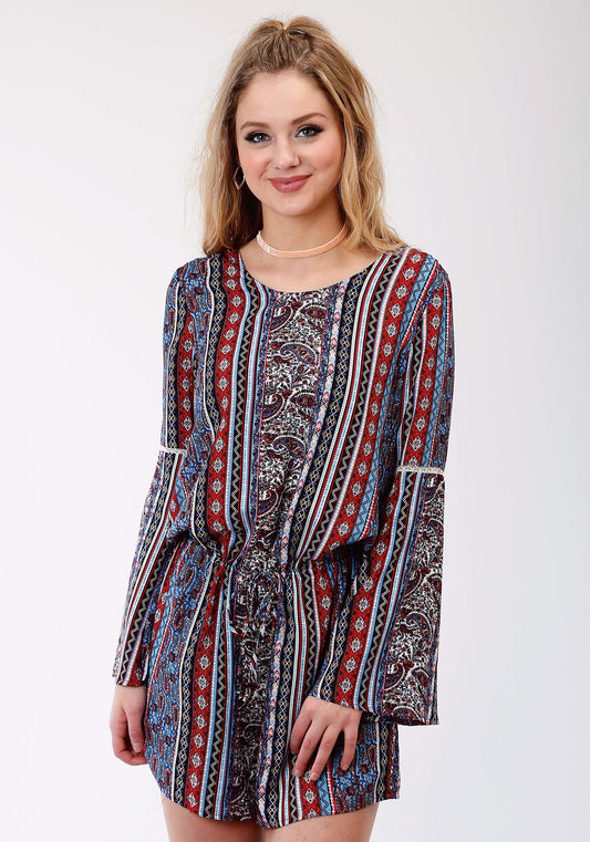 ROPER WOMENS MULTICOLORED PAISLEY STRIPE ROMPER - Roper