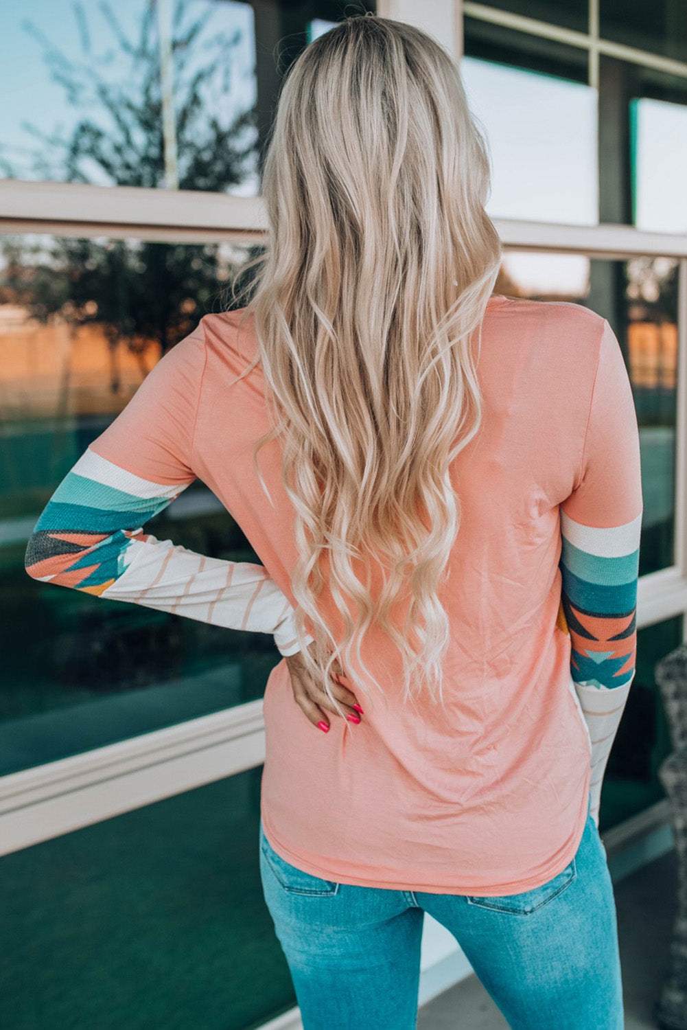 Geometric Round Neck Long Sleeve T-Shirt - Trendsi - Flyclothing LLC