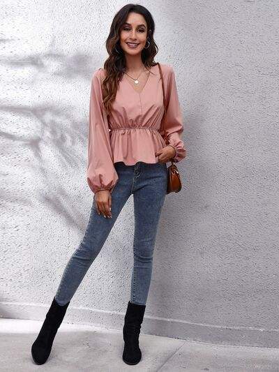 V-Neck Balloon Sleeve Peplum Blouse - Trendsi - Flyclothing LLC