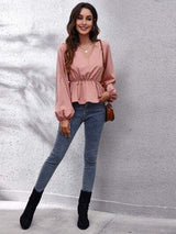 V-Neck Balloon Sleeve Peplum Blouse - Trendsi - Flyclothing LLC