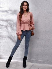 V-Neck Balloon Sleeve Peplum Blouse - Flyclothing LLC
