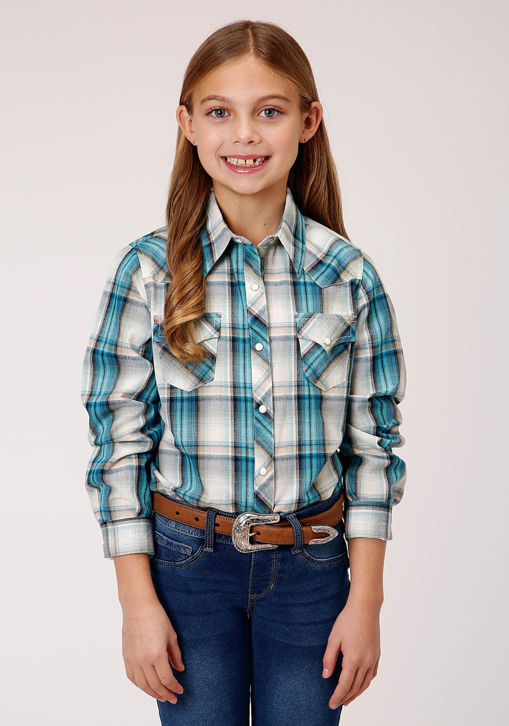 Roper Girls Long Sleeve Snap Vintage Turquoise Plaid Western Shirt - Roper