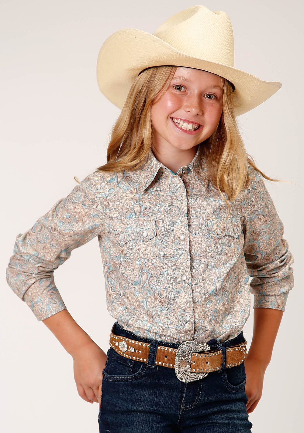 Roper Girls Long Sleeve Snap Dot Paisley Print Western Shirt - Roper
