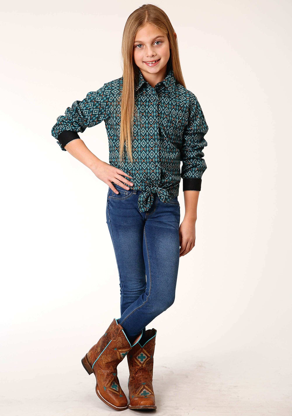 Roper Girls Long Sleeve Snap Diamond Aztec Print Western Shirt - Roper - Flyclothing LLC