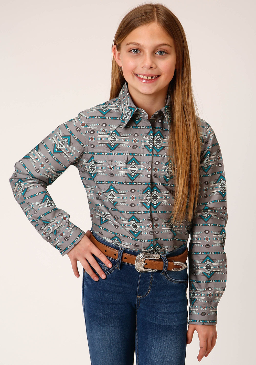 Roper Girls Long Sleeve Snap Geometric Aztec Western Shirt - Roper