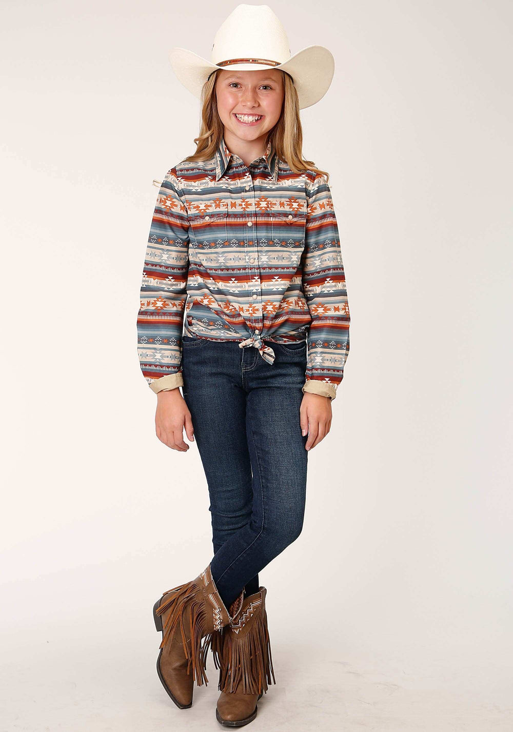 Roper Girls Long Sleeve Snap Sandstone Aztec Print Western Shirt - Roper - Flyclothing LLC