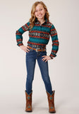 Roper Girls Long Sleeve Snap Ombre Aztec Horizontal Stripe Western Shirt - Roper