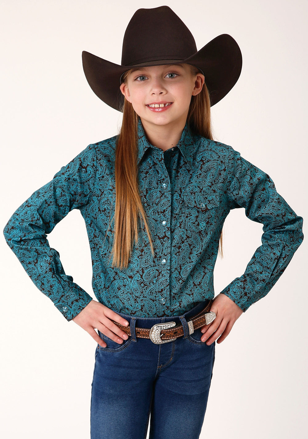 Roper Girls Long Sleeve Snap Blue Agave Paisley Western Shirt - Roper