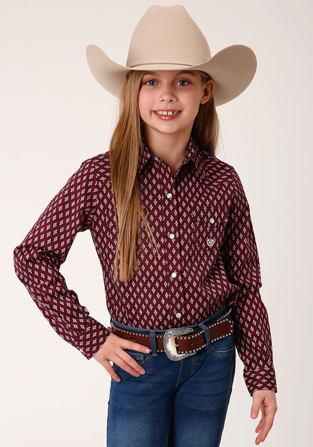 Roper Girls Long Sleeve Snap Point Diamonds Wine Western Shirt - Roper