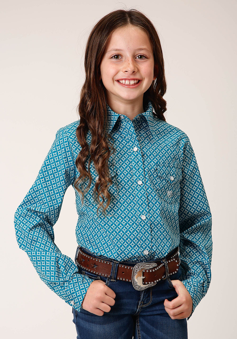 Roper Girls Long Sleeve Snap Diamond Print Turquoise Western Shirt - Roper
