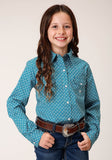 Roper Girls Long Sleeve Snap Diamond Print Turquoise Western Shirt - Roper