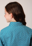 Roper Girls Long Sleeve Snap Diamond Print Turquoise Western Shirt - Roper