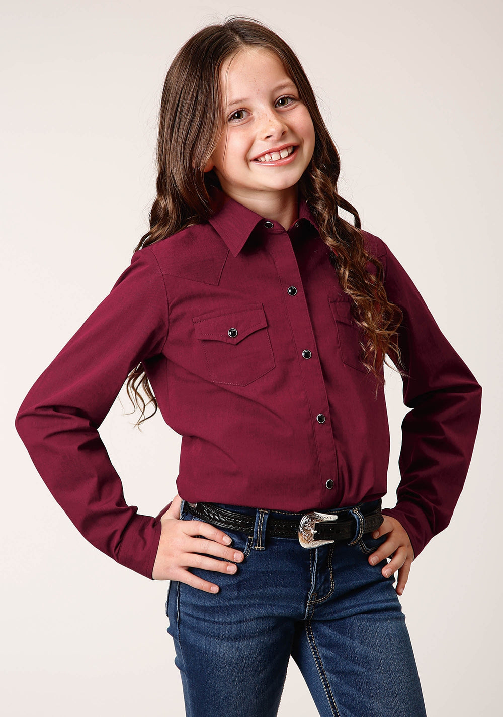 Roper Girls Long Sleeve Snap Black Fill Solid Wine Western Shirt - Roper