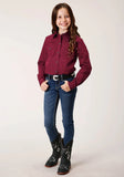 Roper Girls Long Sleeve Snap Black Fill Solid Wine Western Shirt - Roper
